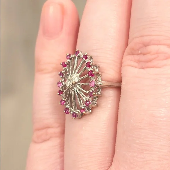Vintage 14K PSCO Natural Ruby Diamond Ring Art Nouveau Size 7 Filigree Starburst - Picture 9 of 16